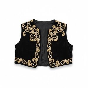 Rev-Tex Black Velvet Gold Embroidered Rhinestone Cropped Bolero Vest, Vintage